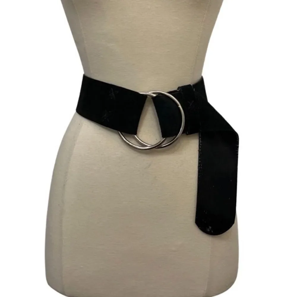 Killer Vintage 1970s Black Oversized Suede Leather Whipstitch Silver Ring Belt